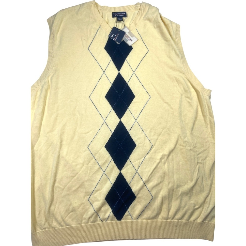 Roundtree & Yorke Sweater Men's 3XT Yellow Argyle Pattern Knit V-Neck Pullover